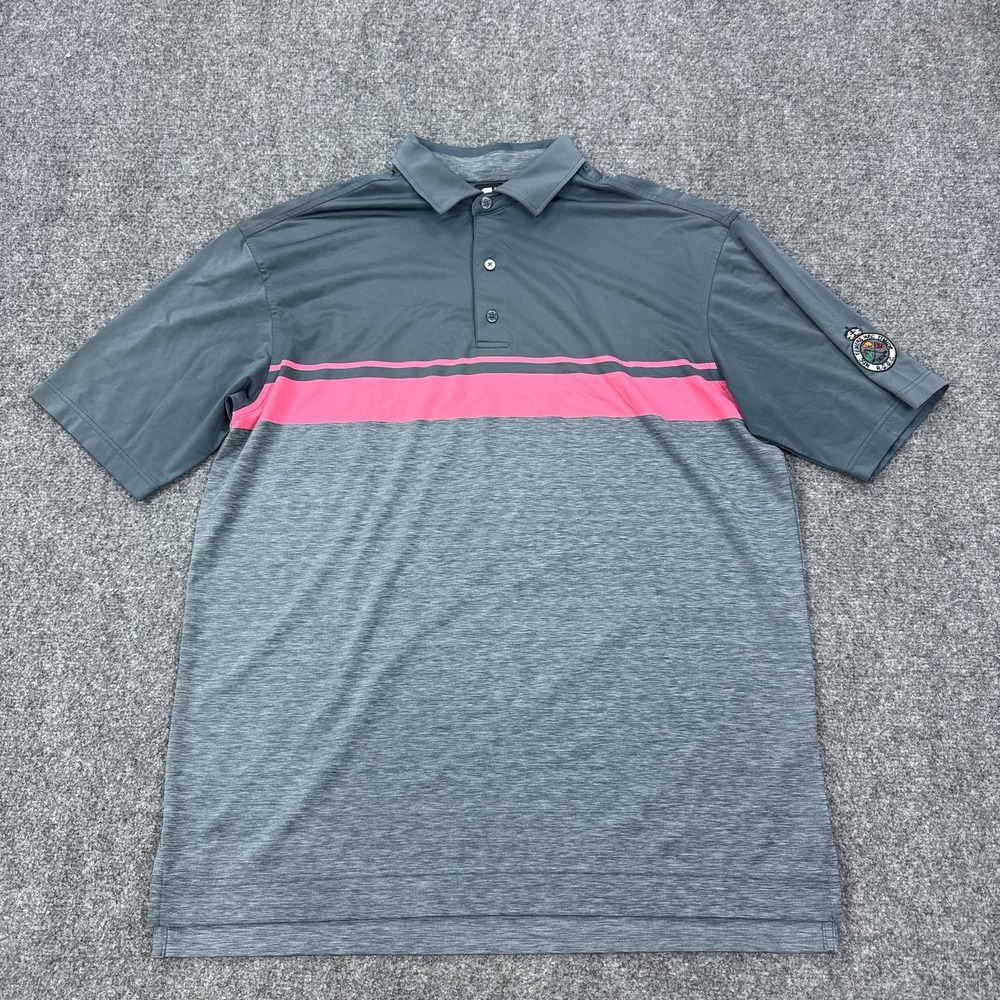 FootJoy Polo Shirt Mens XL Gray Pink Striped Polyester Spandex Golf Stretch